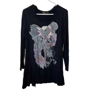 Gizel Mini Tunic Dress Womens M Black Long Sleeve Sequins Beaded Lace‎ Trim